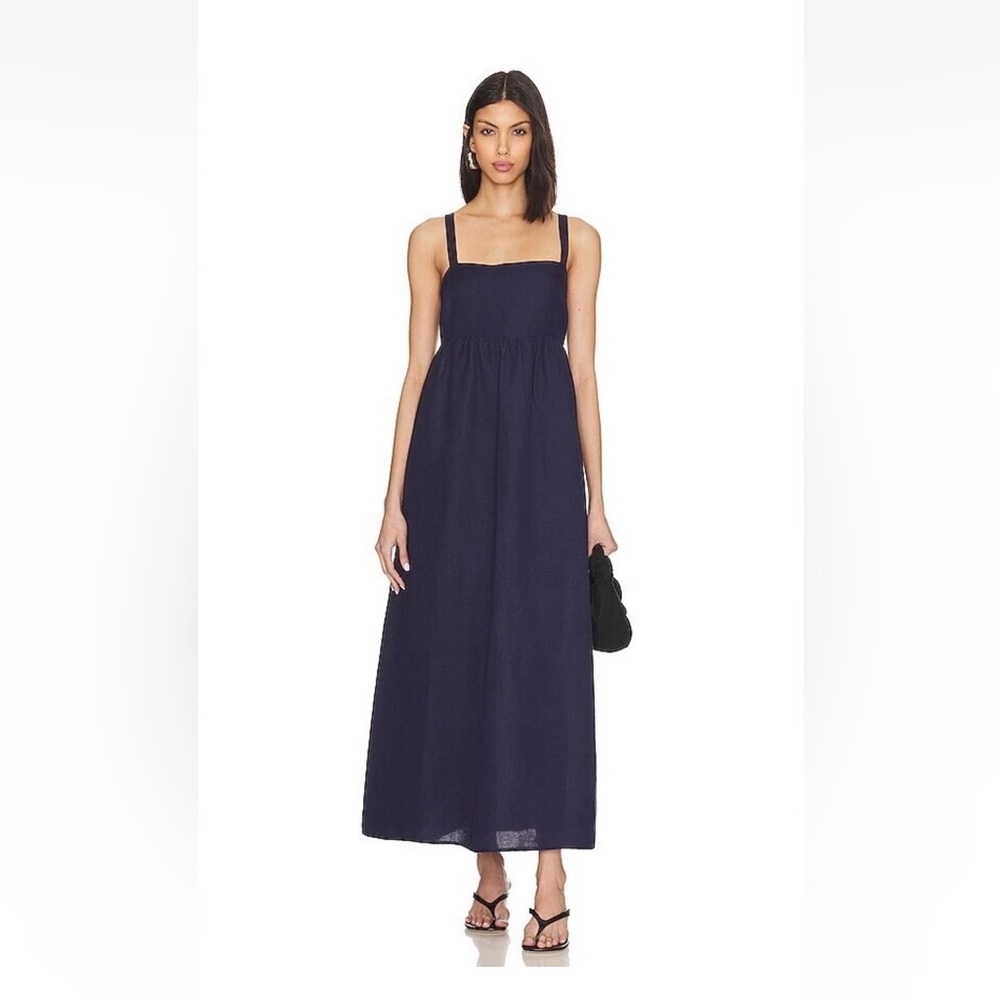L'AGENCE Jessamy Navy Blue Empire Waist‎ Linen Midi Dress minimalist resort sz 8